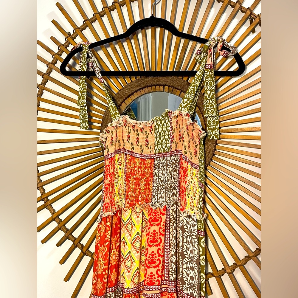 Abel the Label Bohemian Multicolor Patchwork Smocked Maxi Dress with Tie Straps